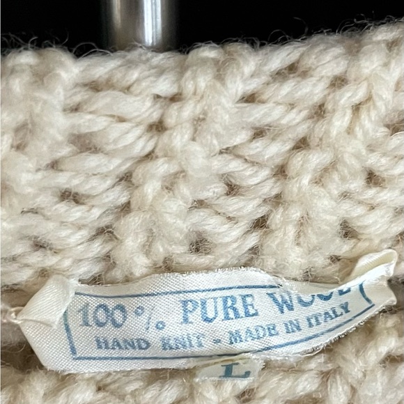 Hand knit 💯 Italian Wool Cable Crewneck Sweater Ivory size L Unisex Vintage - Picture 3 of 15